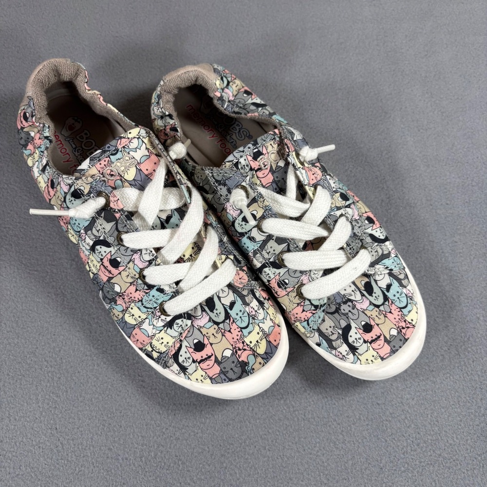 BOBS Skechers Beach Bingo Womens 8 Multi Cat Print Excellent Slip On Sneaker